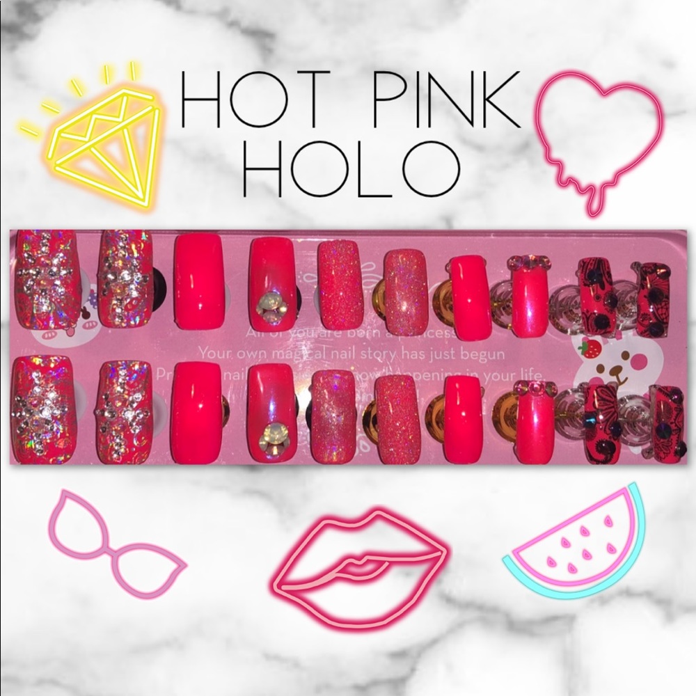 Holo Hot Pink Press-On Nails